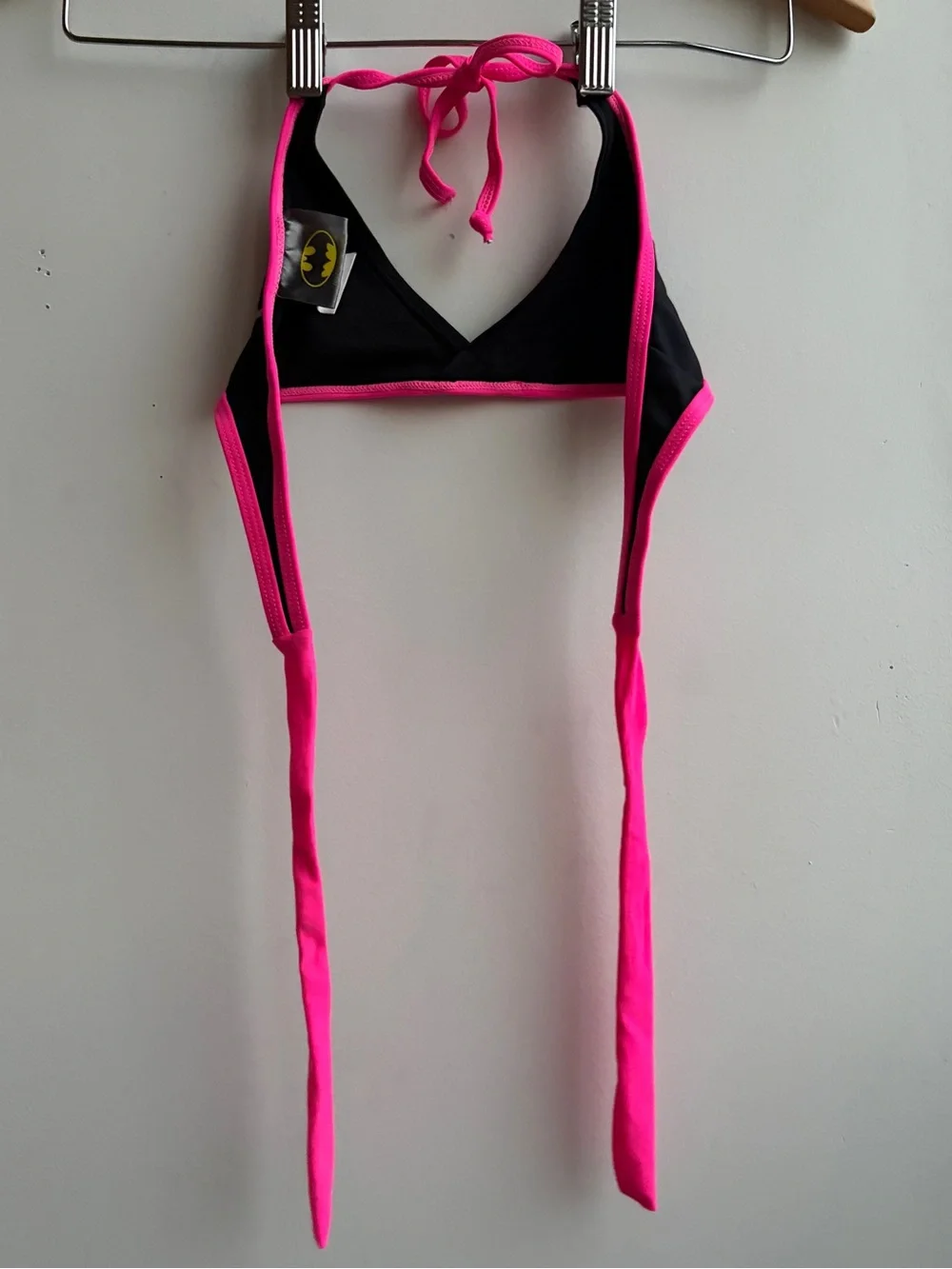 Girls Batman DC Comics Black & Neon Pink Triangle Swim Top with Holographic Logo